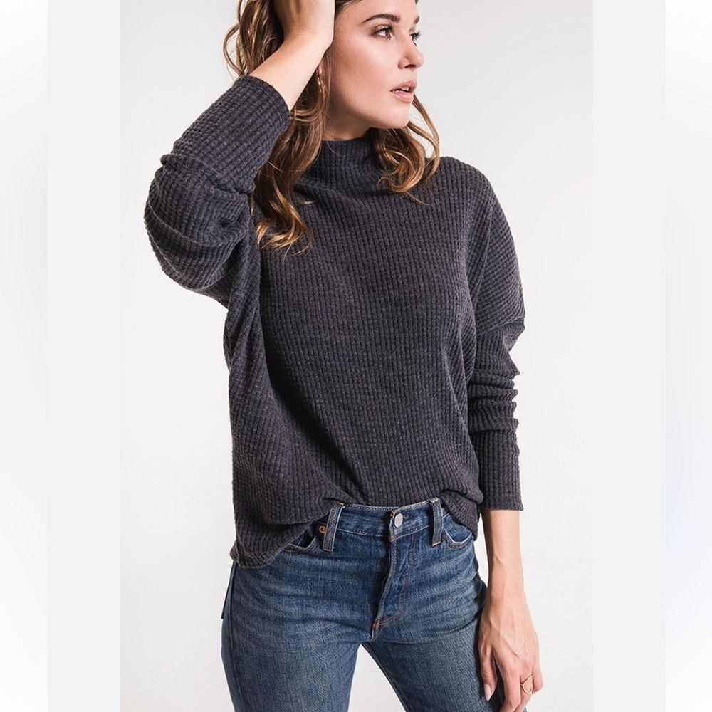 Z Supply Waffle thermal mock neck top. Dark Heather Gray. Size Large